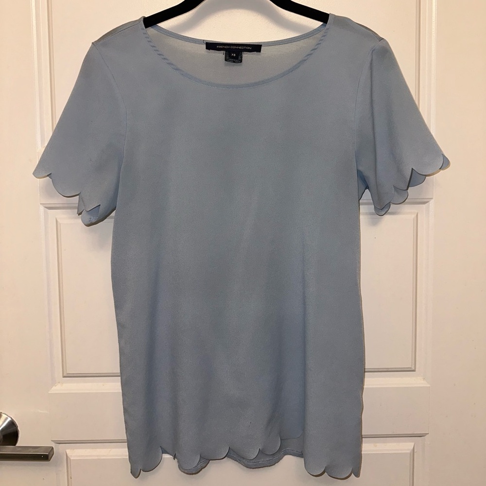 French Connection Dusty Baby Blue Scalloped T Shirt Blouse